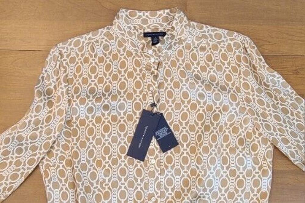 Tommy Hilfiger Women's Link Chain Design Women's L Gold White Top Silk Blend NWT